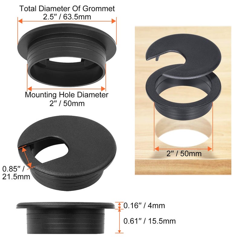 HNBun 20 Pack 2" Black Plastic Desk Grommet, 2" Hole Cover, Organizers, Cord & Cable Management - Image 3